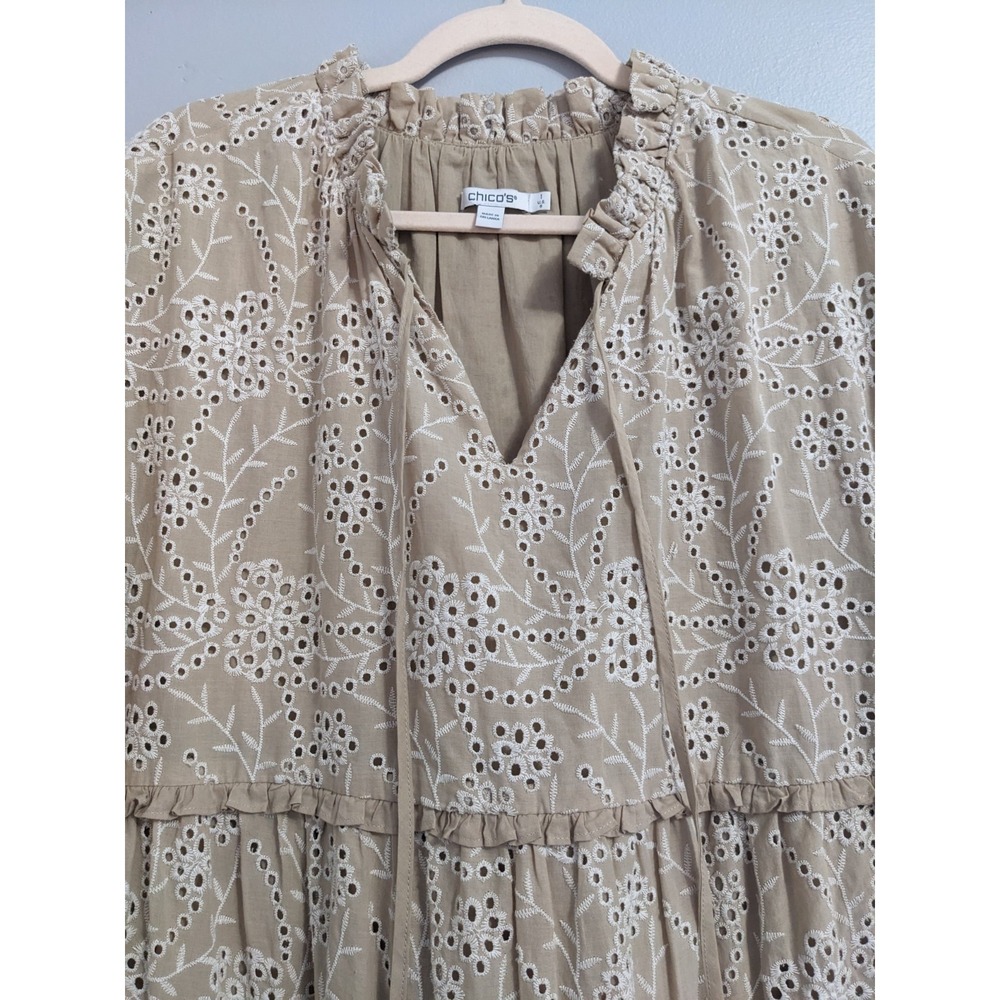 Chicos Tan Beige Cotton Eyelet Lace Tiered Midi Dress Womens Size 1 US 8 Boho - Picture 3 of 16
